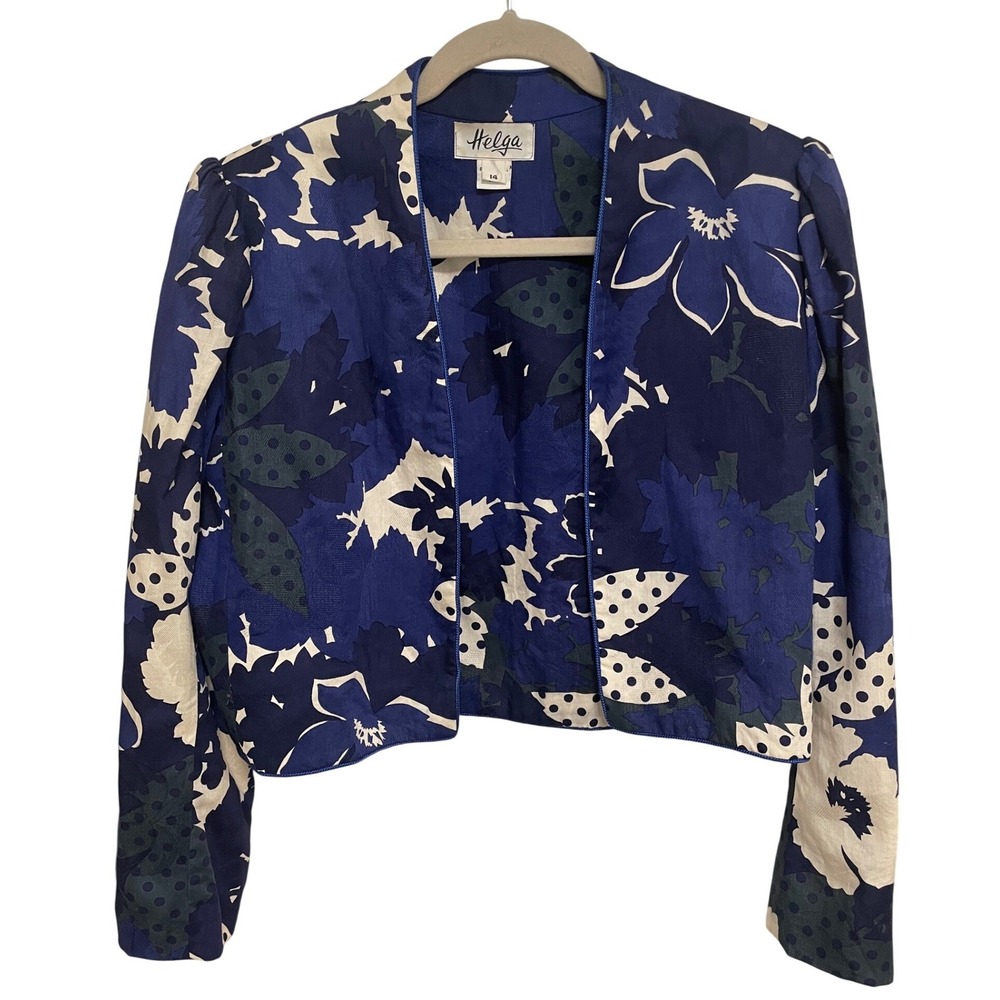 Vintage Helga Jacket Size 14 Open Front Cropped Blue Floral Cotton Blend EUC‎
